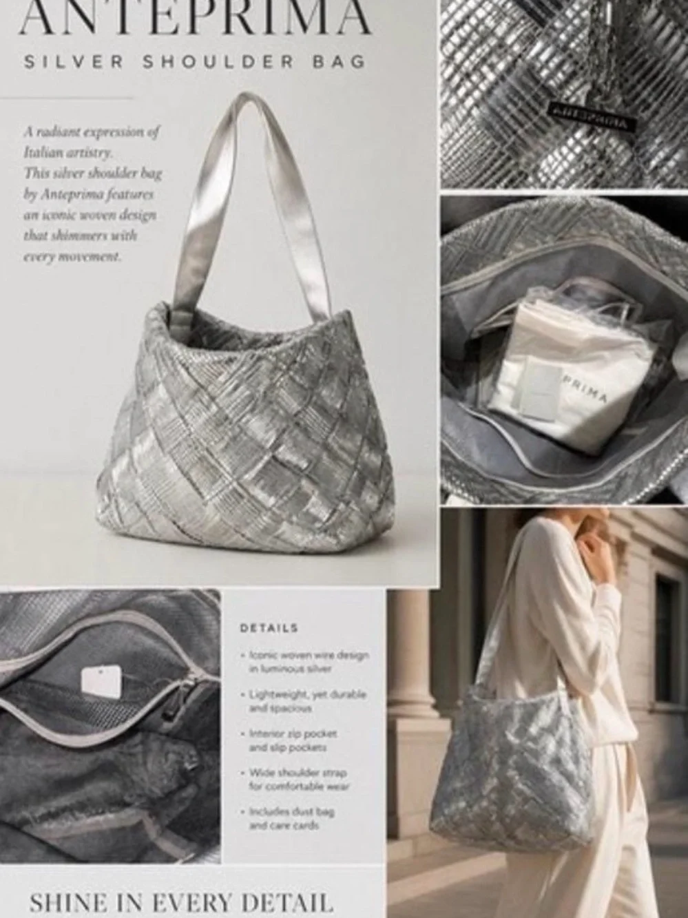 Anteprima Silver Metallic Hobo Shoulder Bag Designer with Dustbag Included
